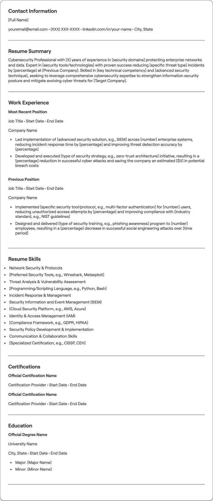 Cybersecurity resume example