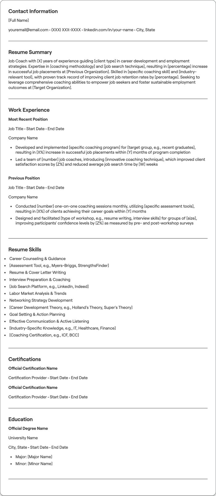 Job Coach resume example