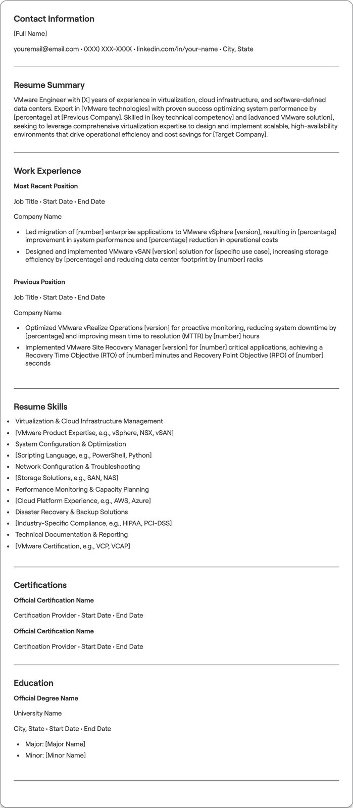 VMware Engineer resume example