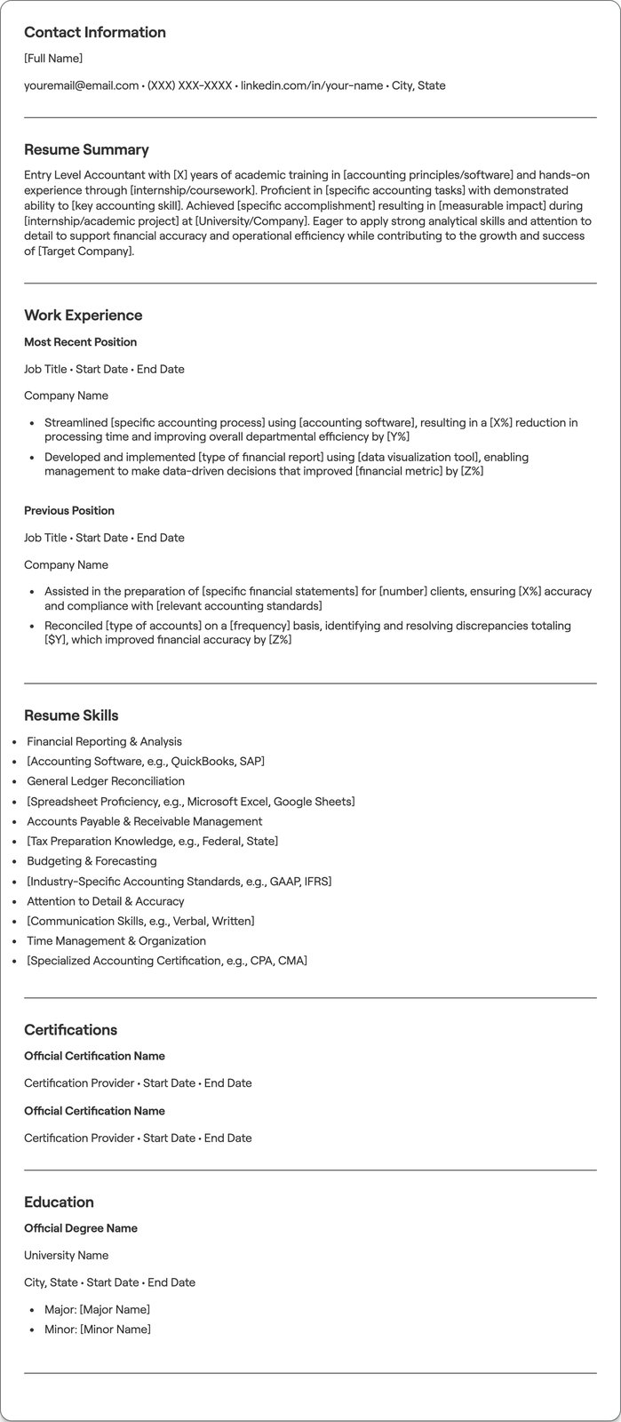 Entry Level Accountant resume example