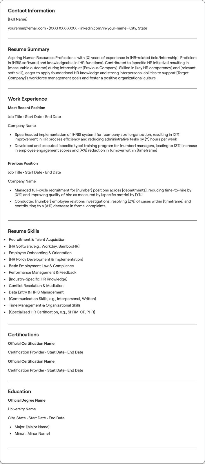 Beginner Human Resources resume example