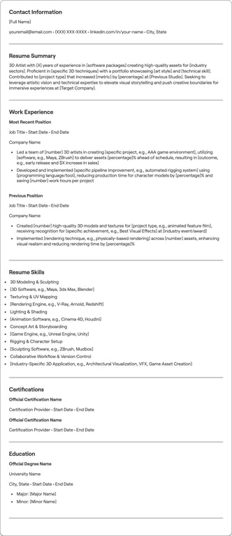 3D Artist resume example