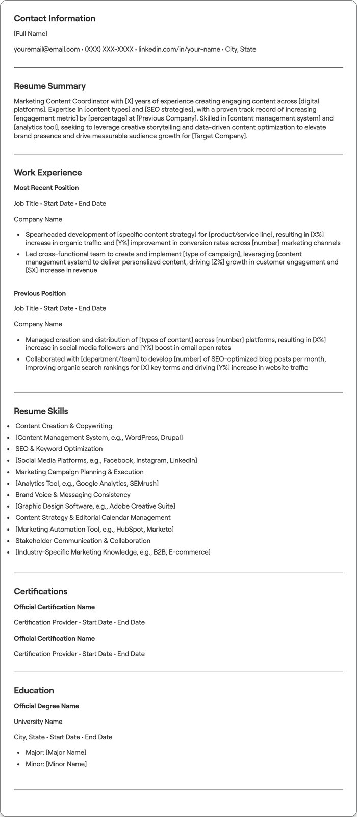 Marketing Content Coordinator resume example