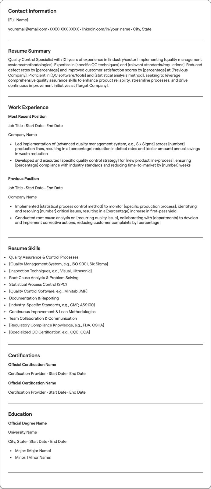 Quality Control resume example