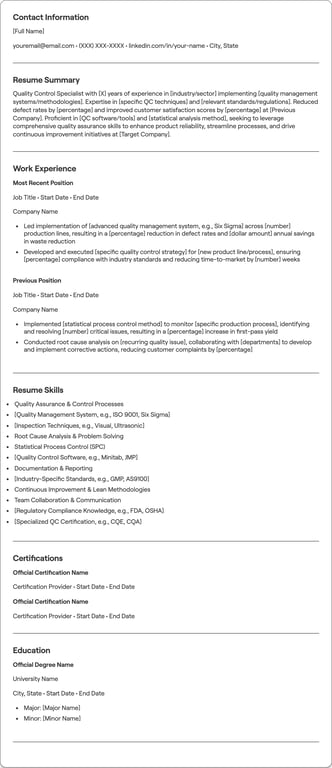 Quality Control resume example