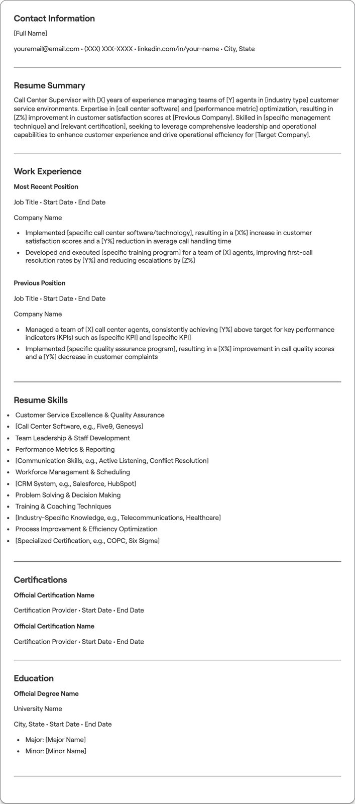 Call Center Supervisor resume example