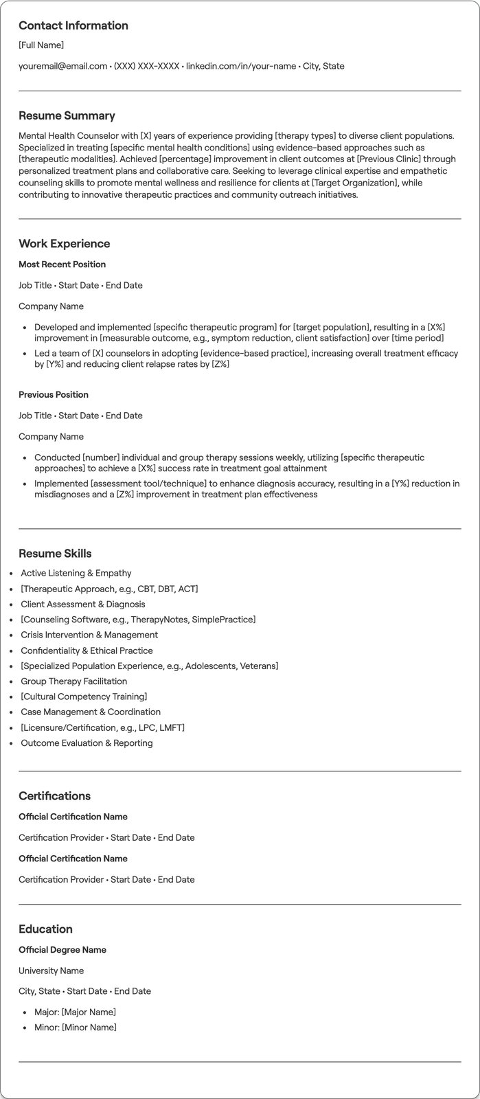 Mental Health Counselor resume example