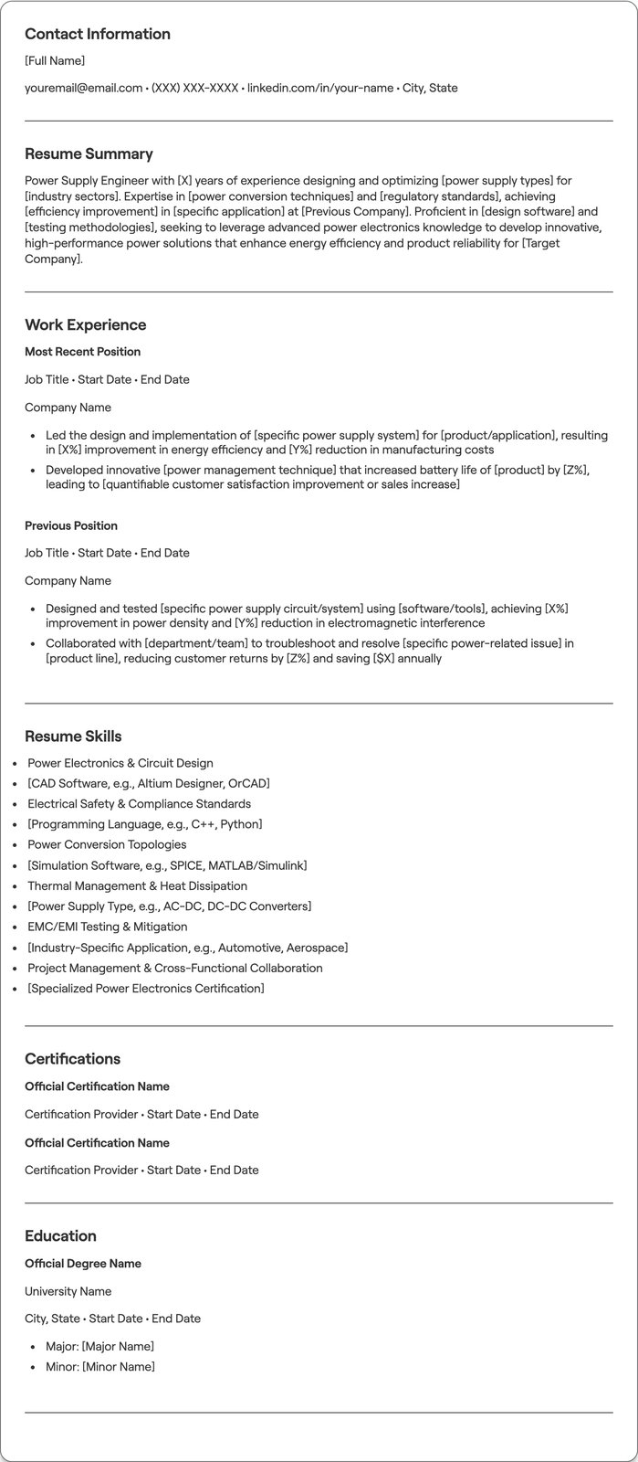 Power Supply Engineer resume example