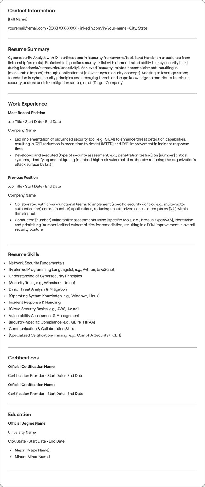 Fresher Cybersecurity resume example