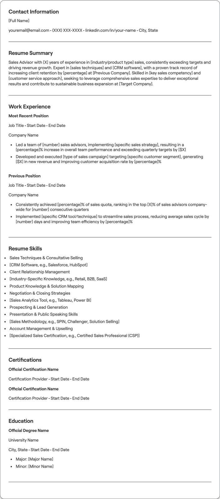 Sales Advisor resume example