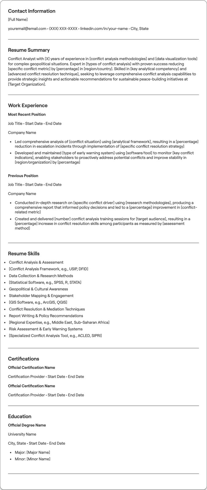 Conflict Analyst resume example