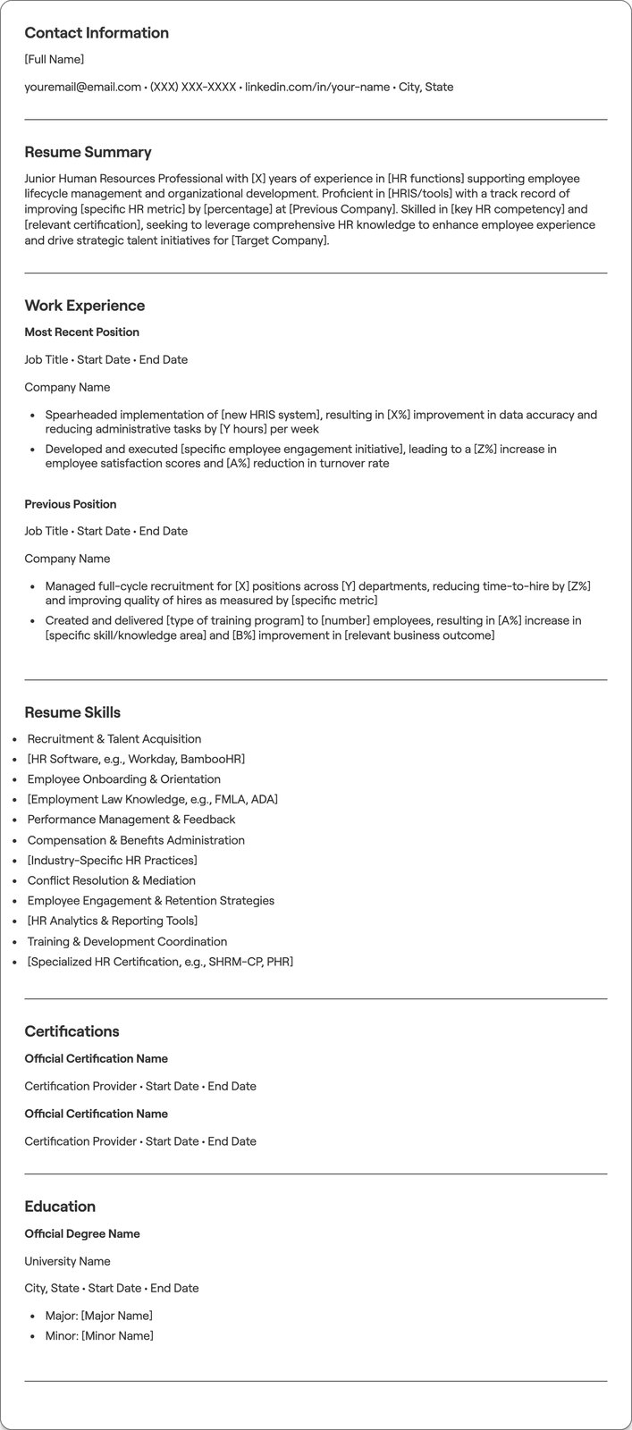 Junior Human Resources resume example