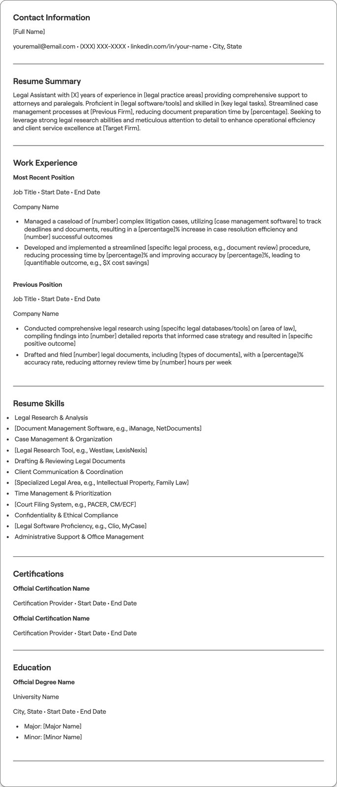 Legal Assistant resume example