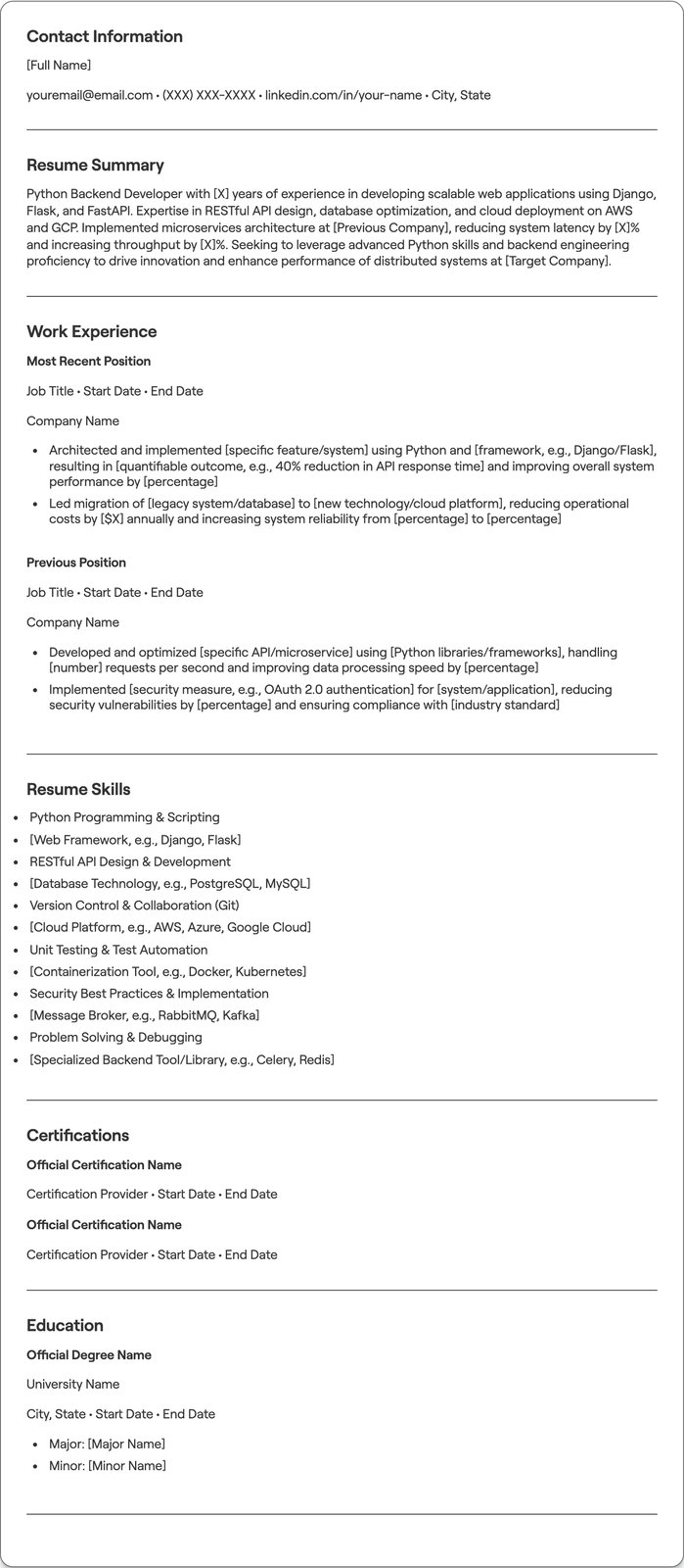 Python Backend Developer resume example
