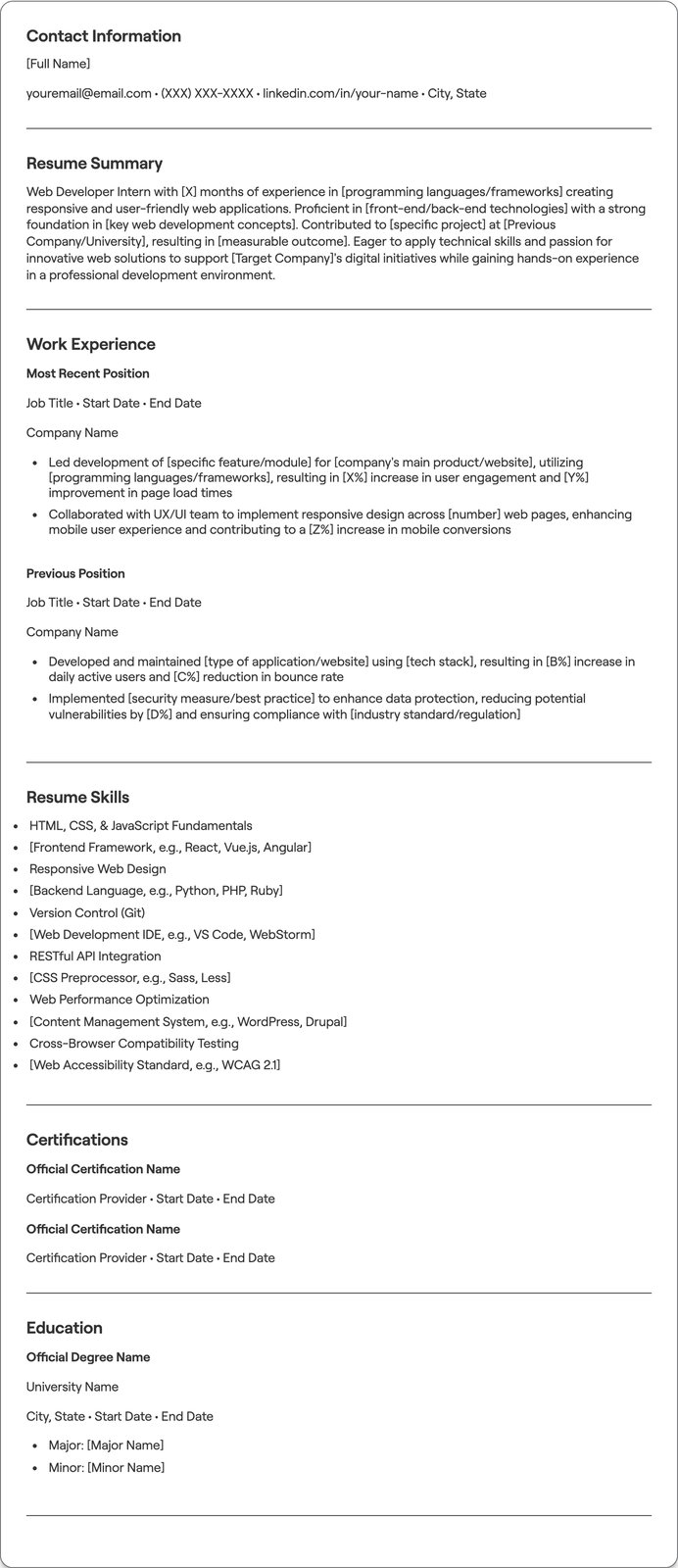 Web Developer Intern resume example