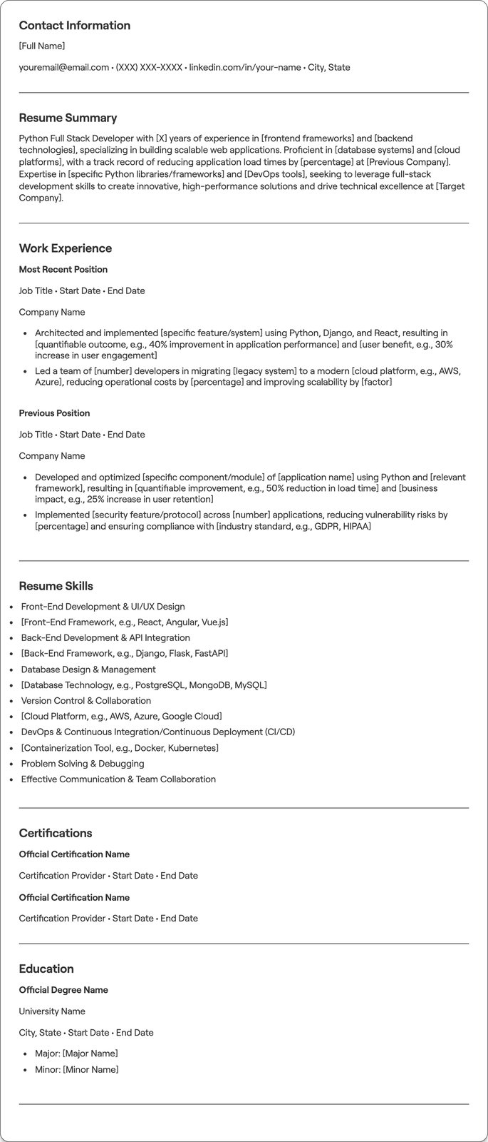 Python Full Stack Developer resume example