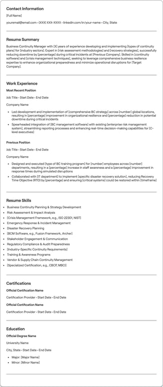Business Continuity Manager resume example