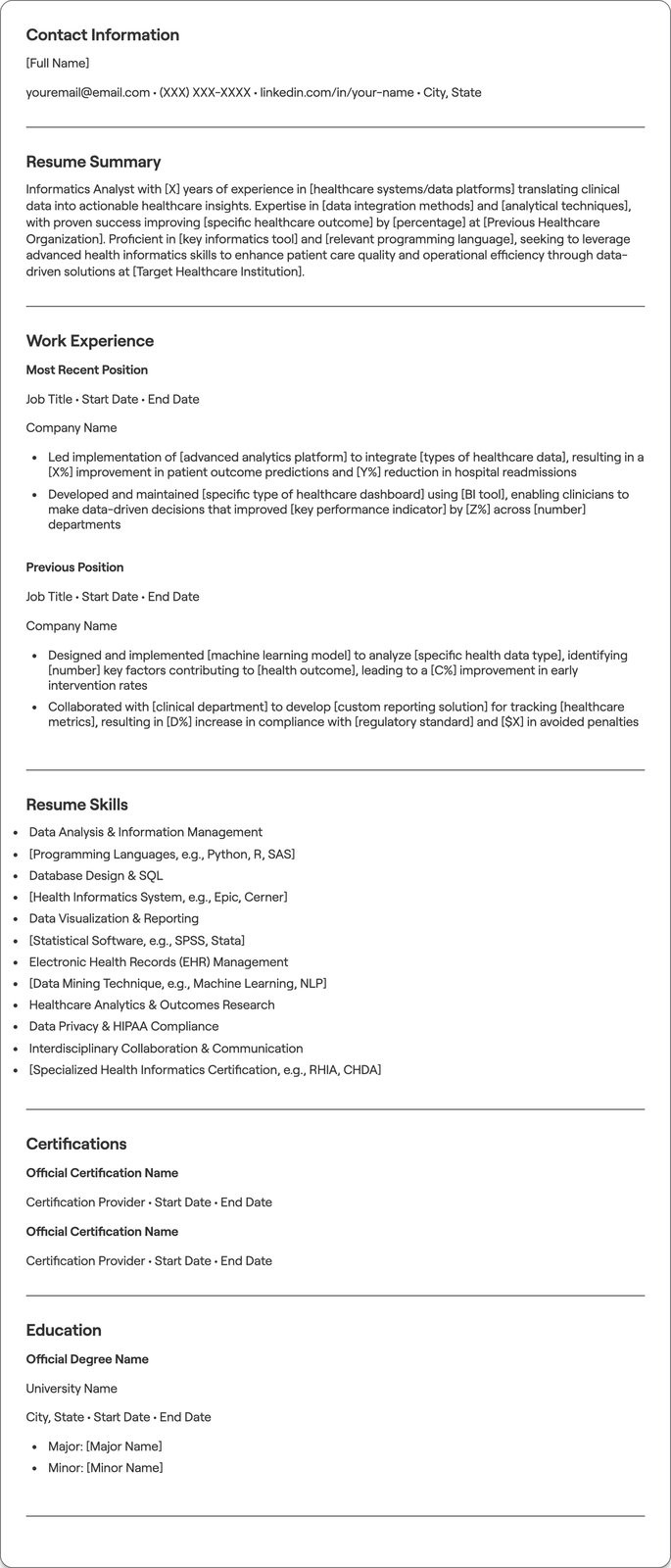 Informatics Analyst resume example
