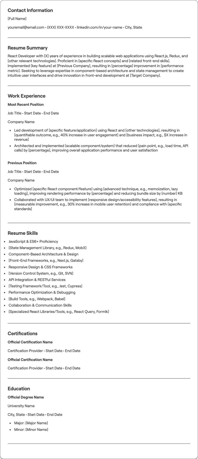 React Developer resume example
