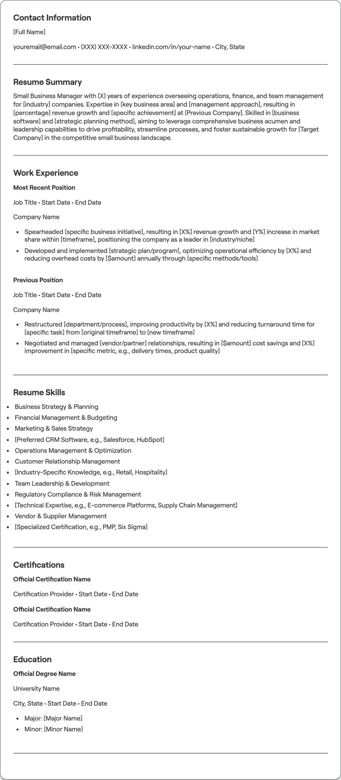 Small Business Manager resume example