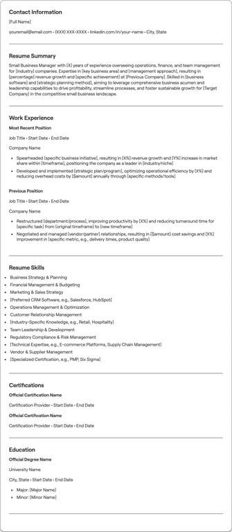 Small Business Manager resume example