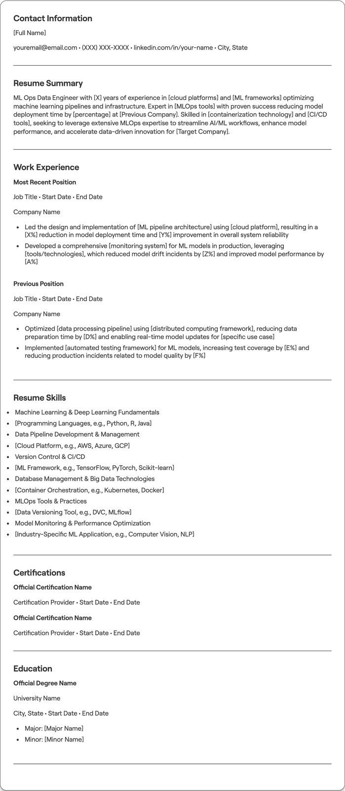 ML Ops Data Engineer resume example