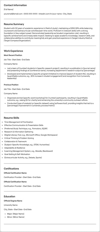 Student resume preview
