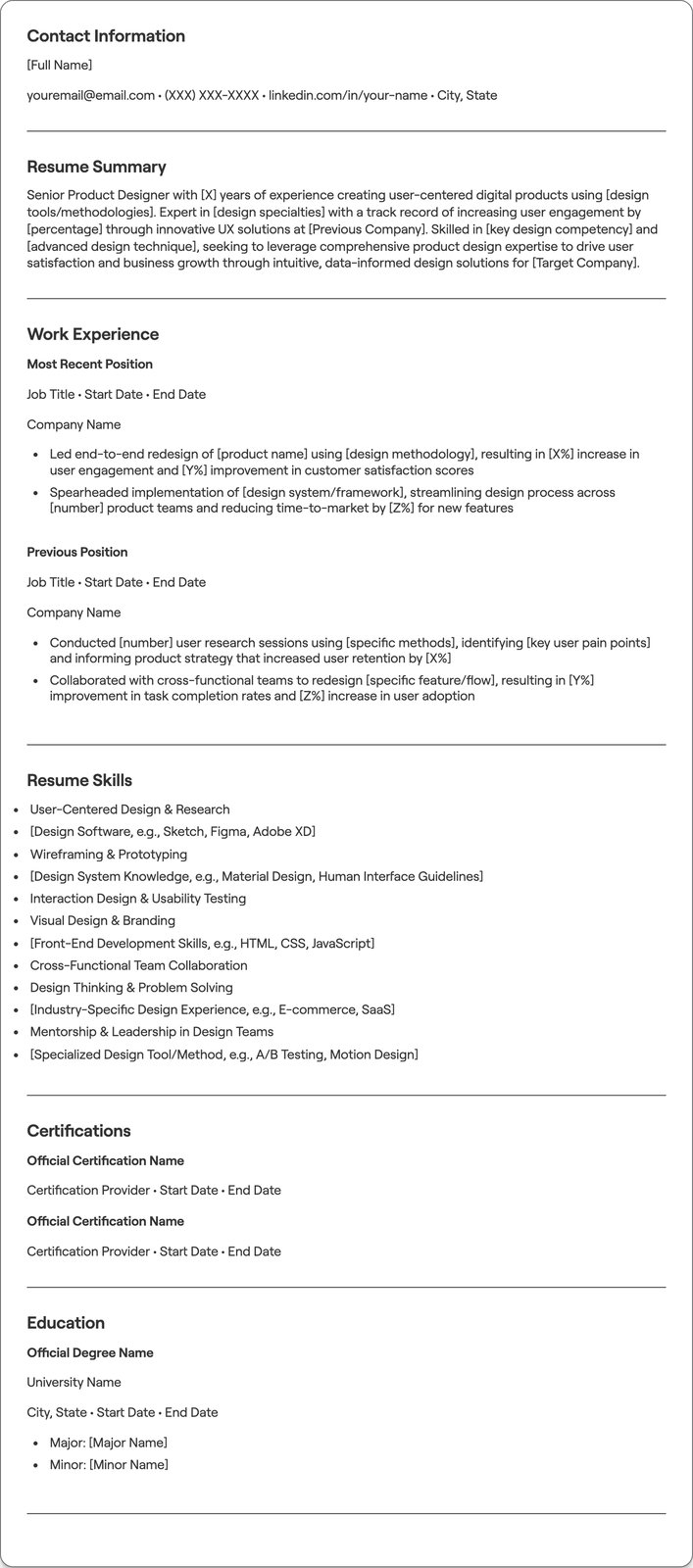 Senior Product Designer resume example