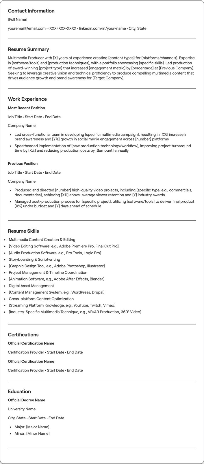 Multimedia Producer resume example