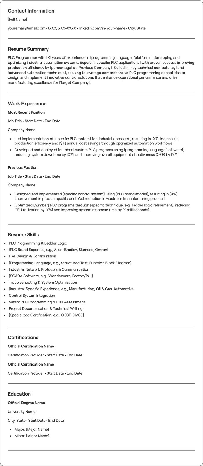 PLC Programmer resume example