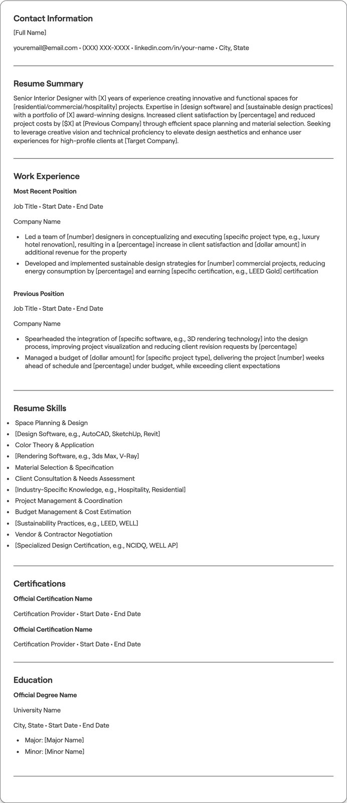 Senior Interior Designer resume example