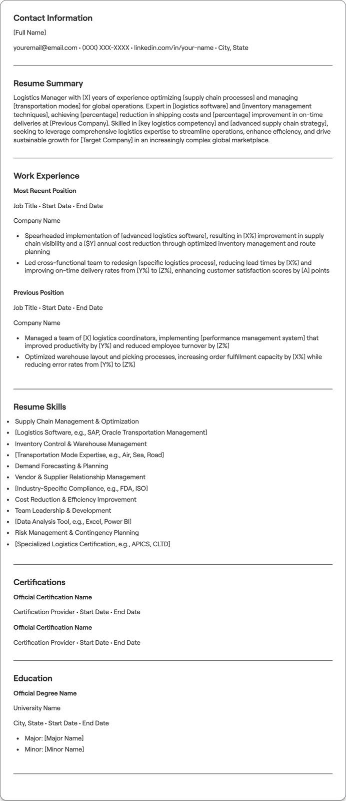 Logistics Manager resume example