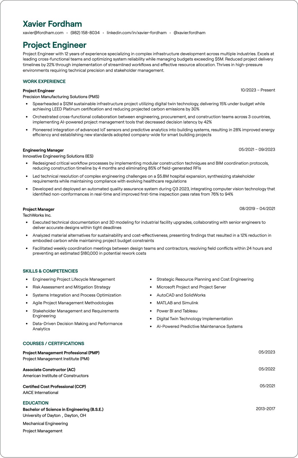 Project Engineer resume example