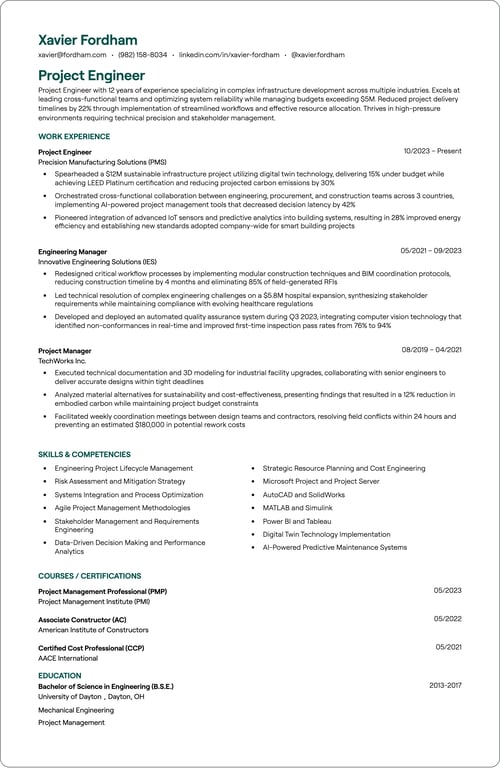 Project Engineer resume example