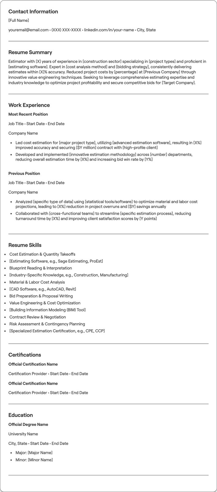 Estimator resume example