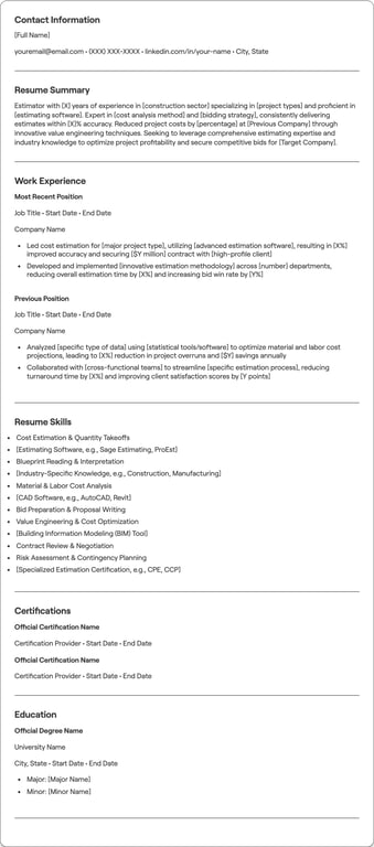 Estimator resume preview
