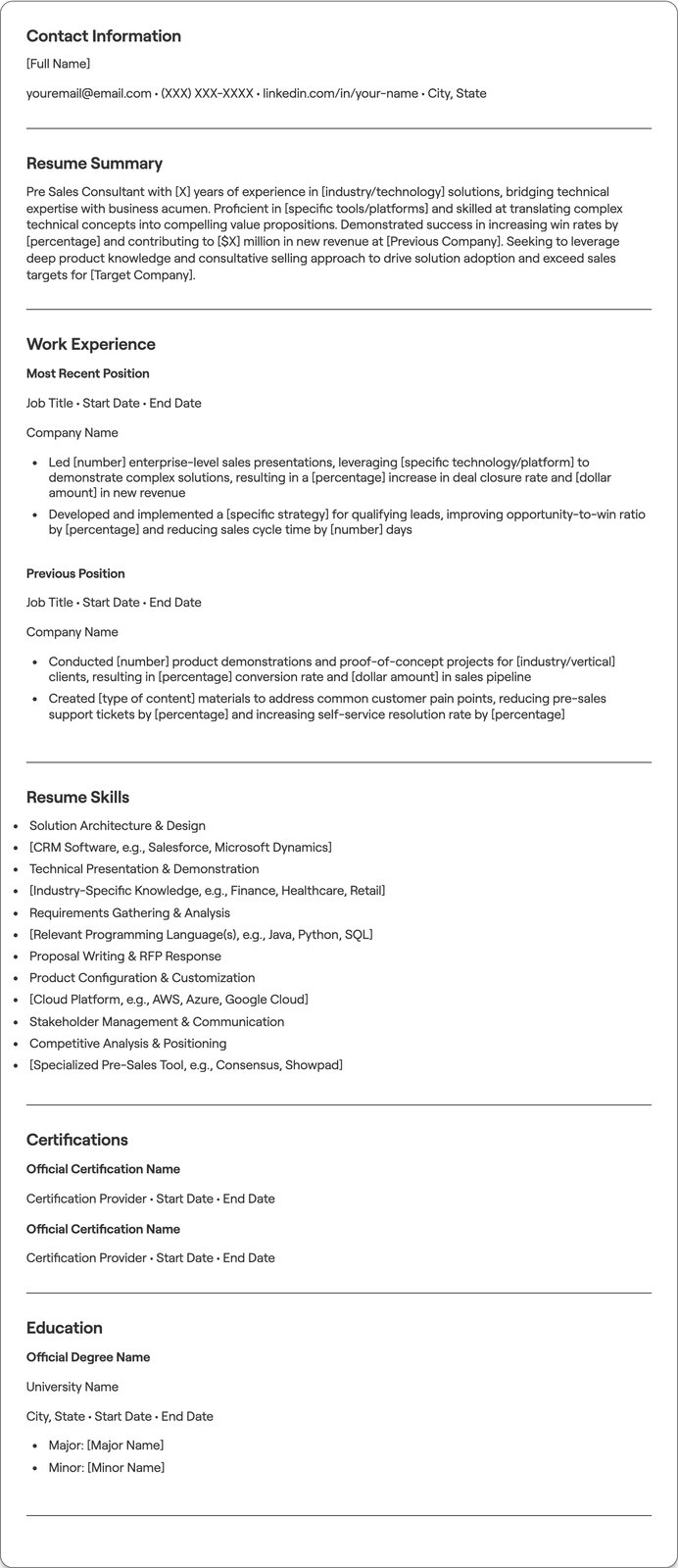 Pre Sales Consultant resume example