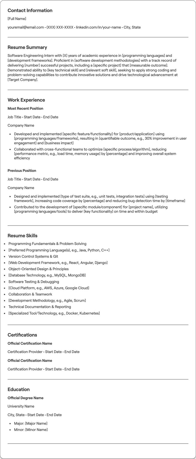 Software Engineer Intern resume example