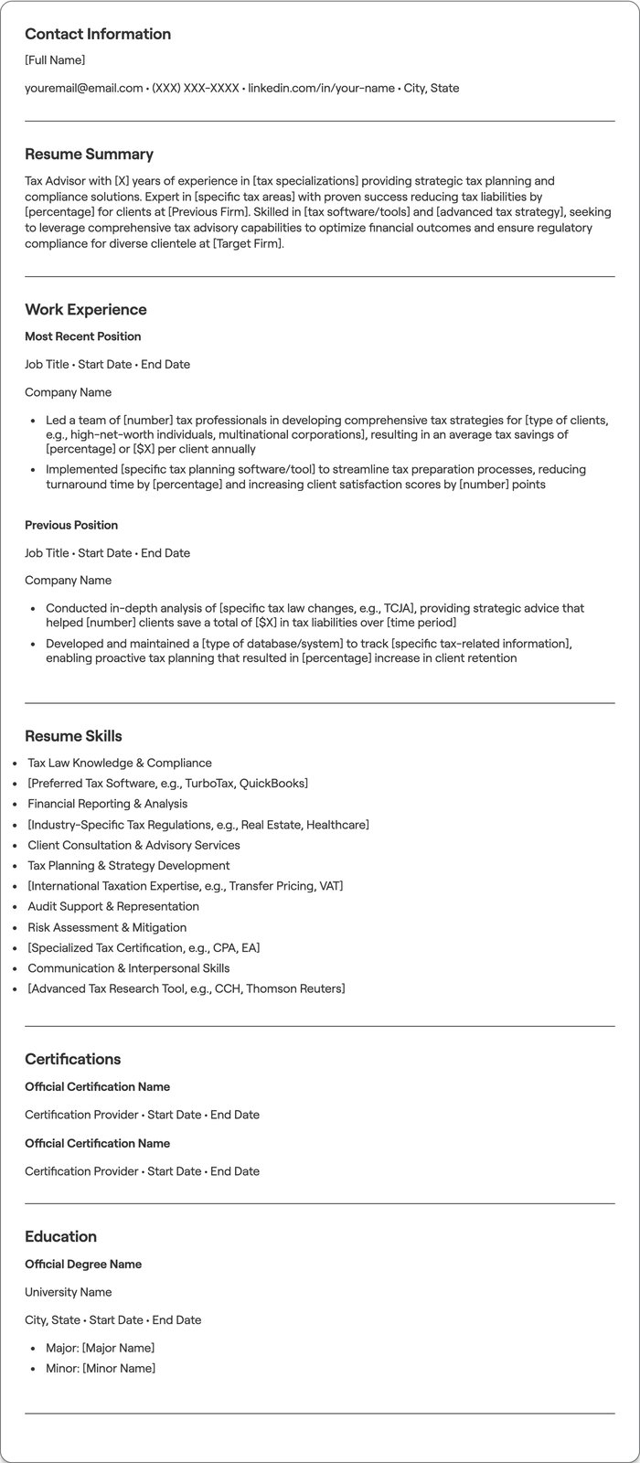 Tax Advisor resume example