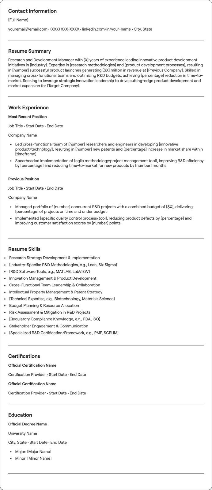 Research and Development Manager resume example