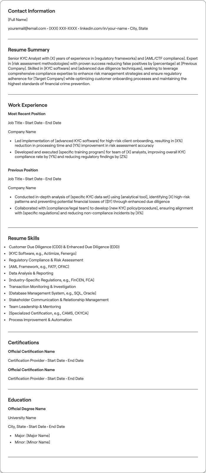 Senior KYC Analyst resume example