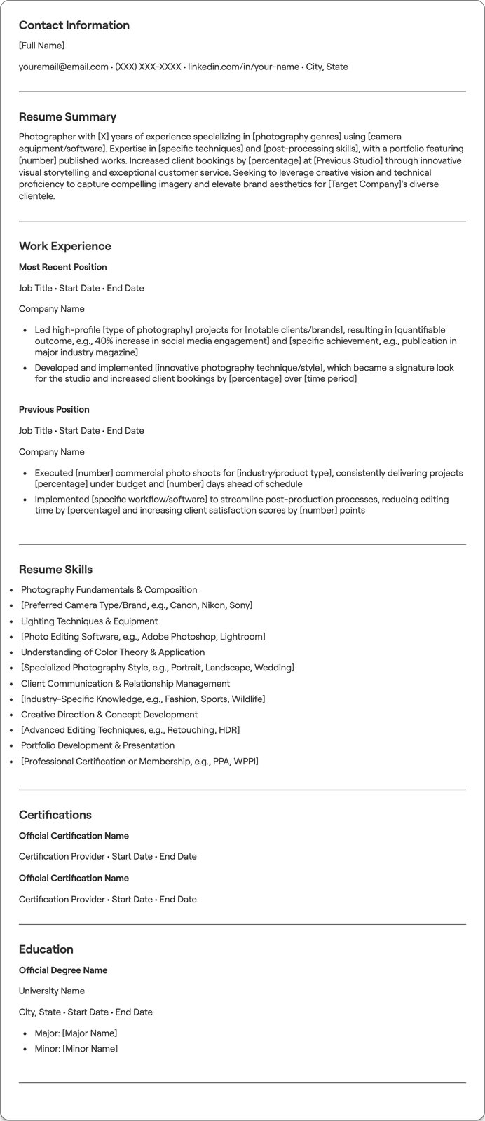 Photographer resume example