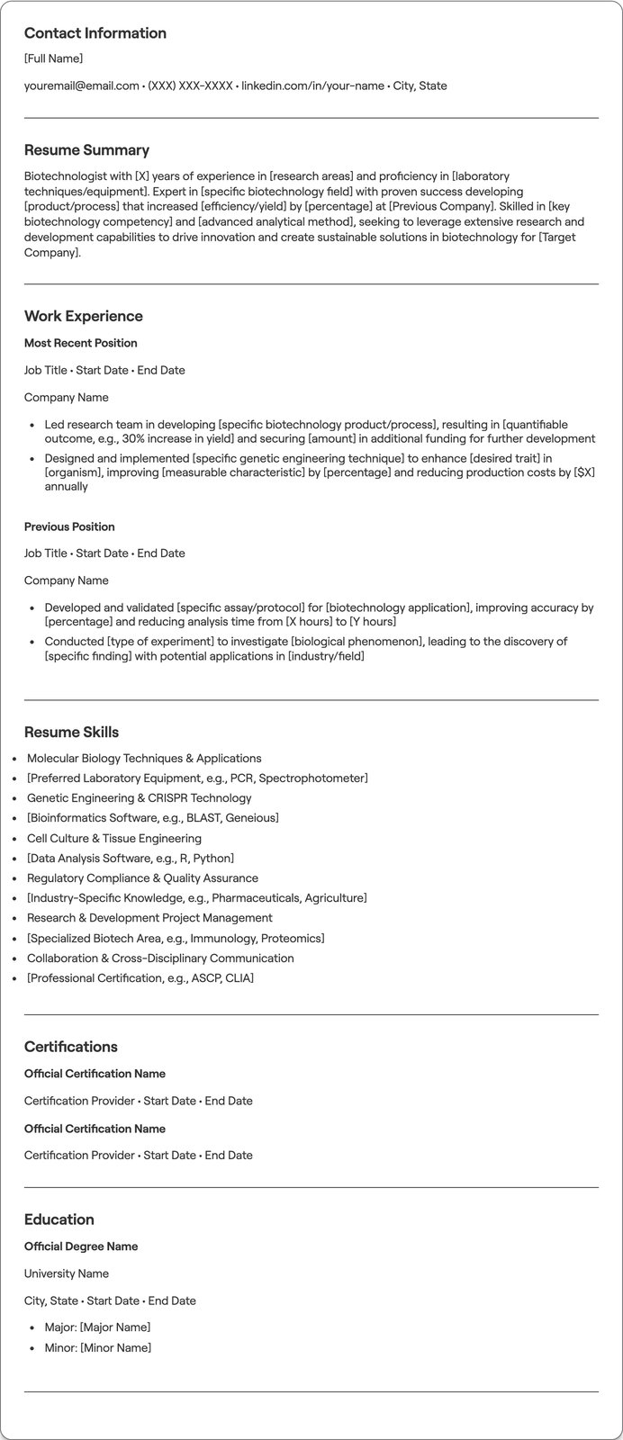 Biotechnologist resume example