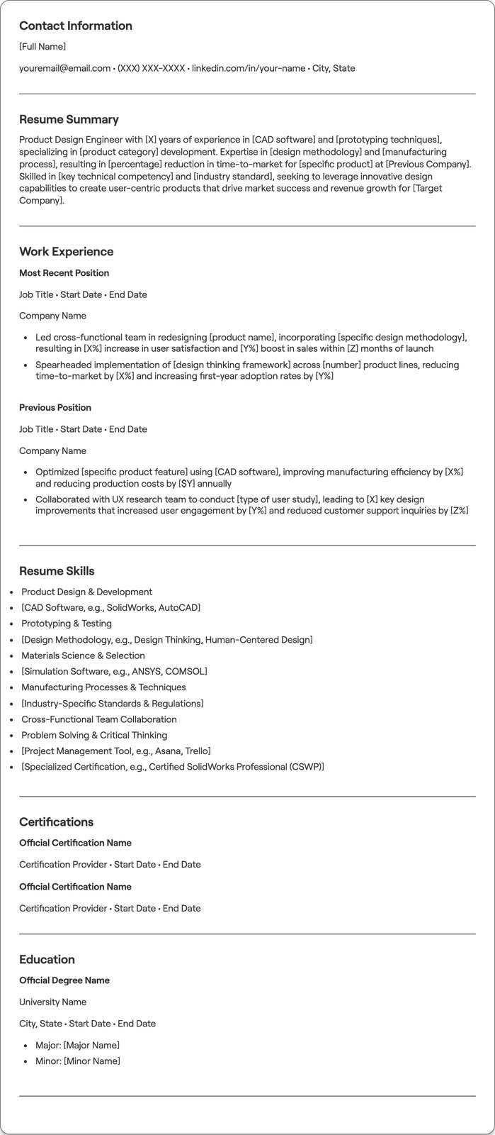 Product Design Engineer resume example