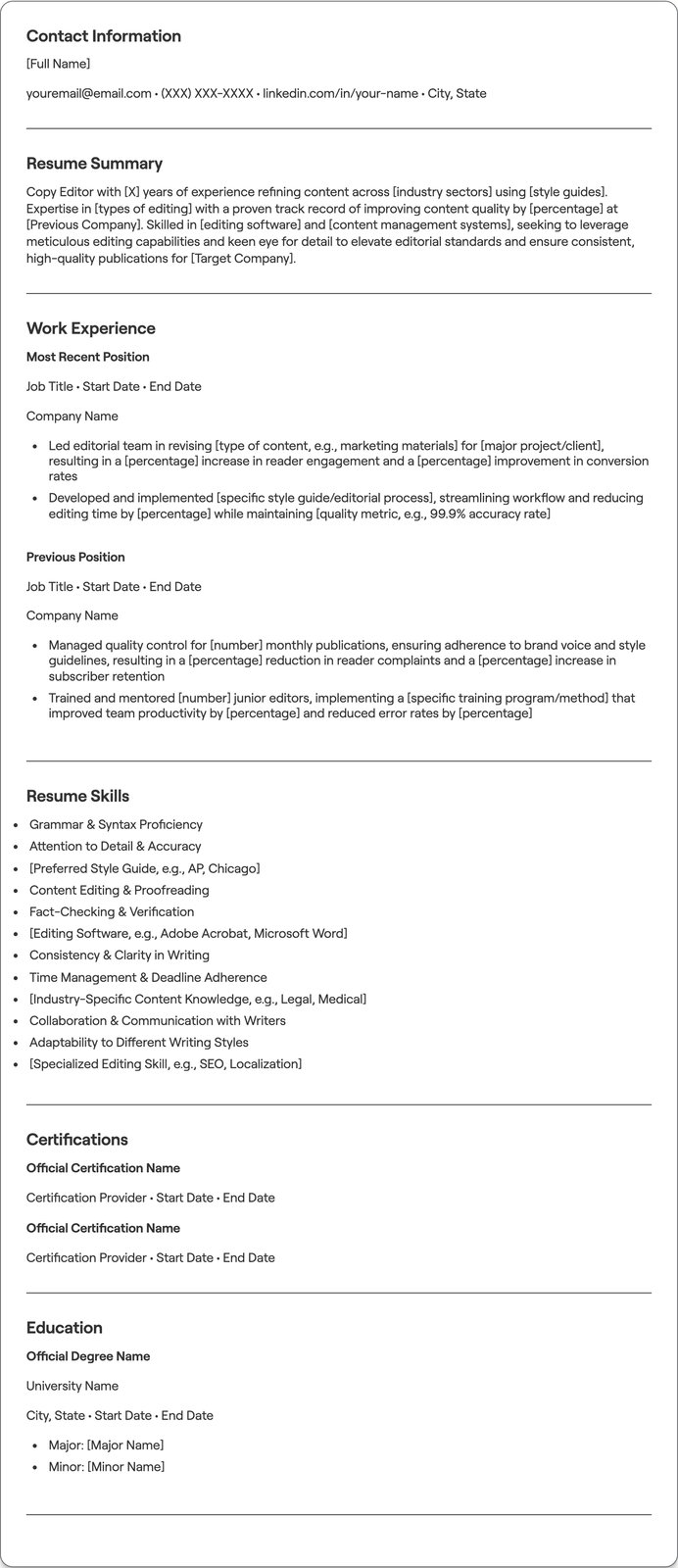 Copy Editor resume example