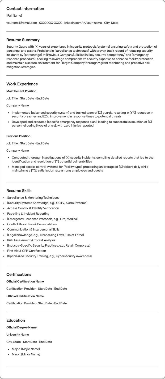 Security Guard resume example