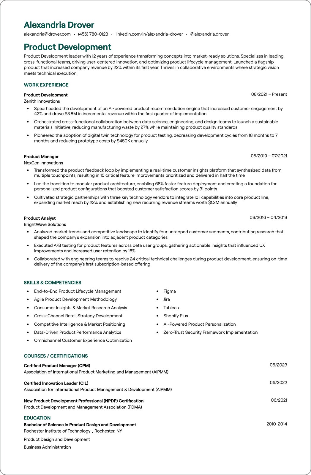 New Product Development Manager resume example