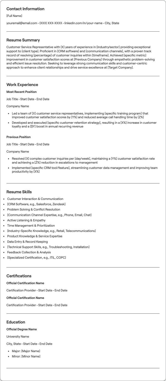 Customer Service Representative resume example