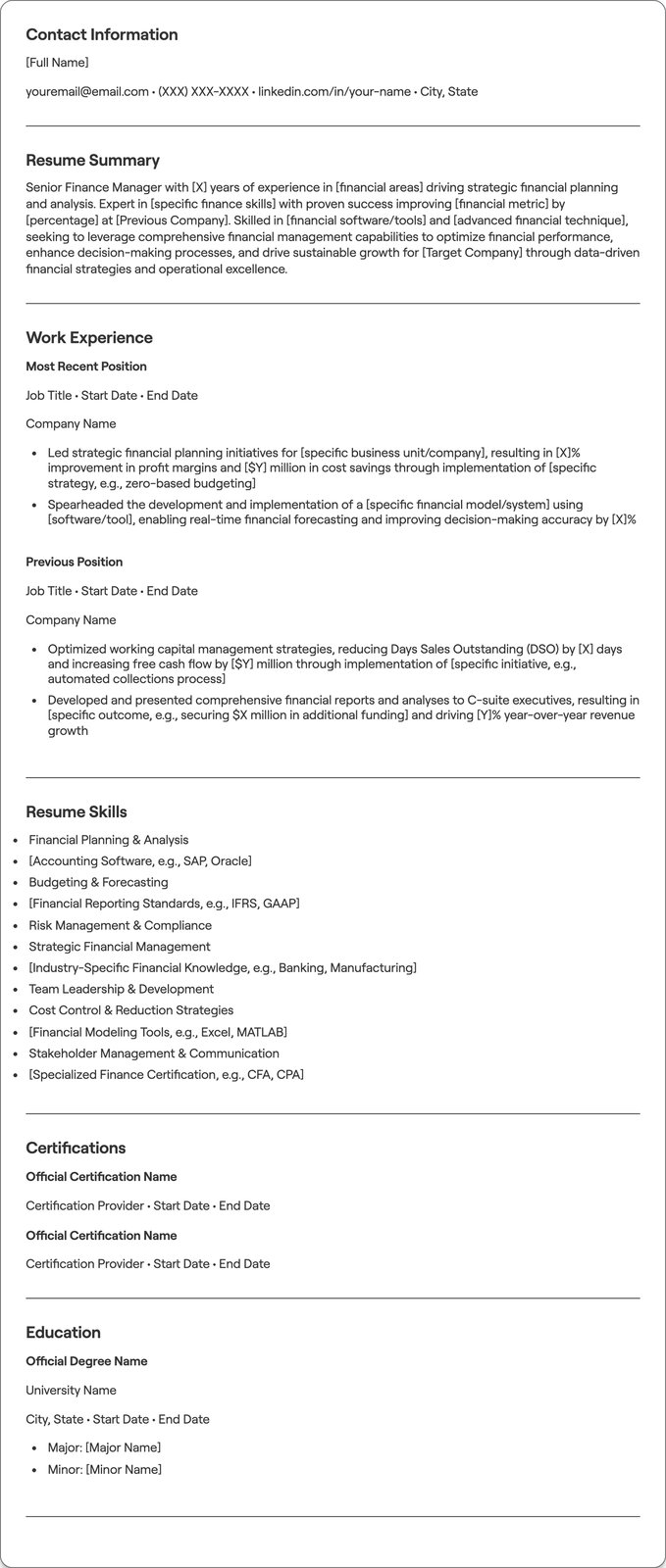Senior Finance Manager resume example