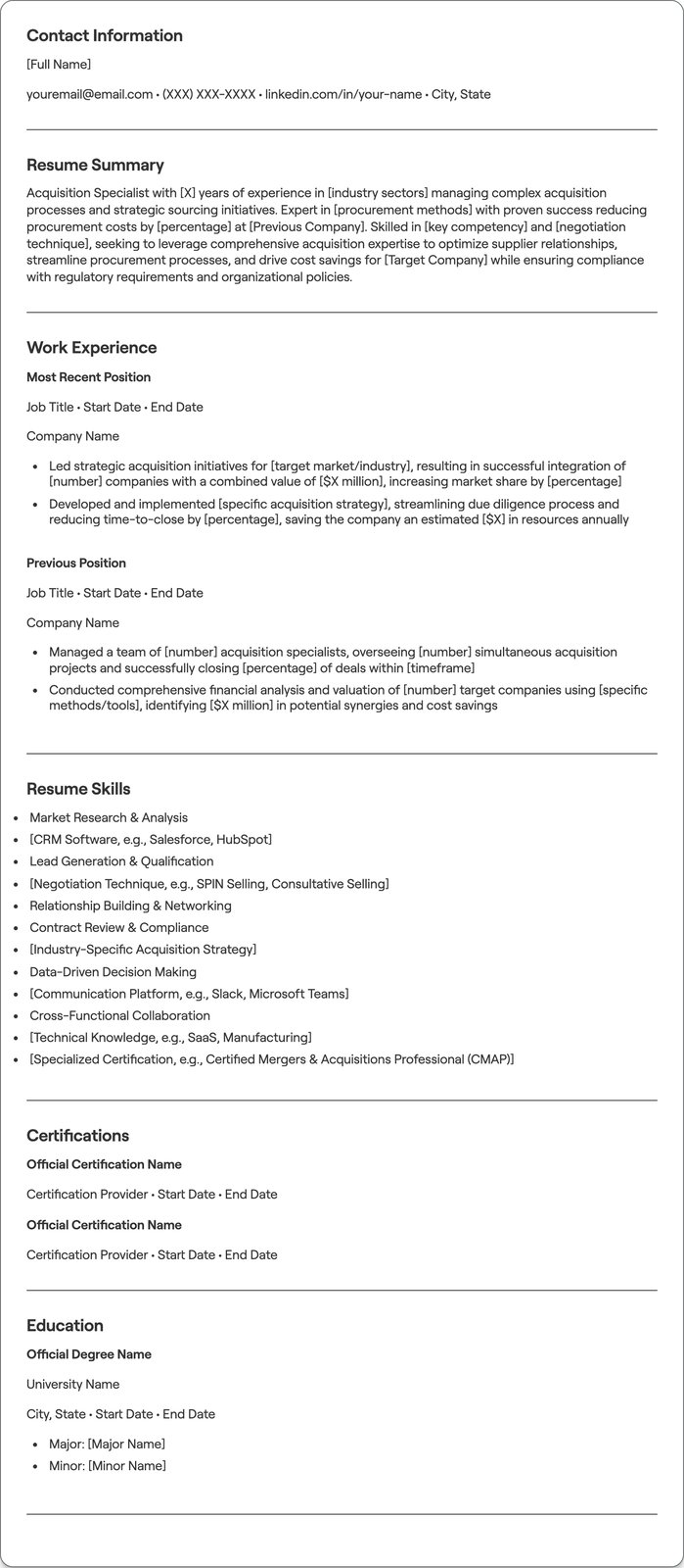 Acquisition Specialist resume example